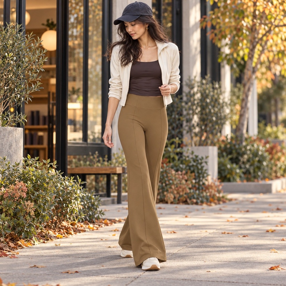 Girlfriend Collective XL Route Luxe Camel High Rise Flare Leggings Front Seam